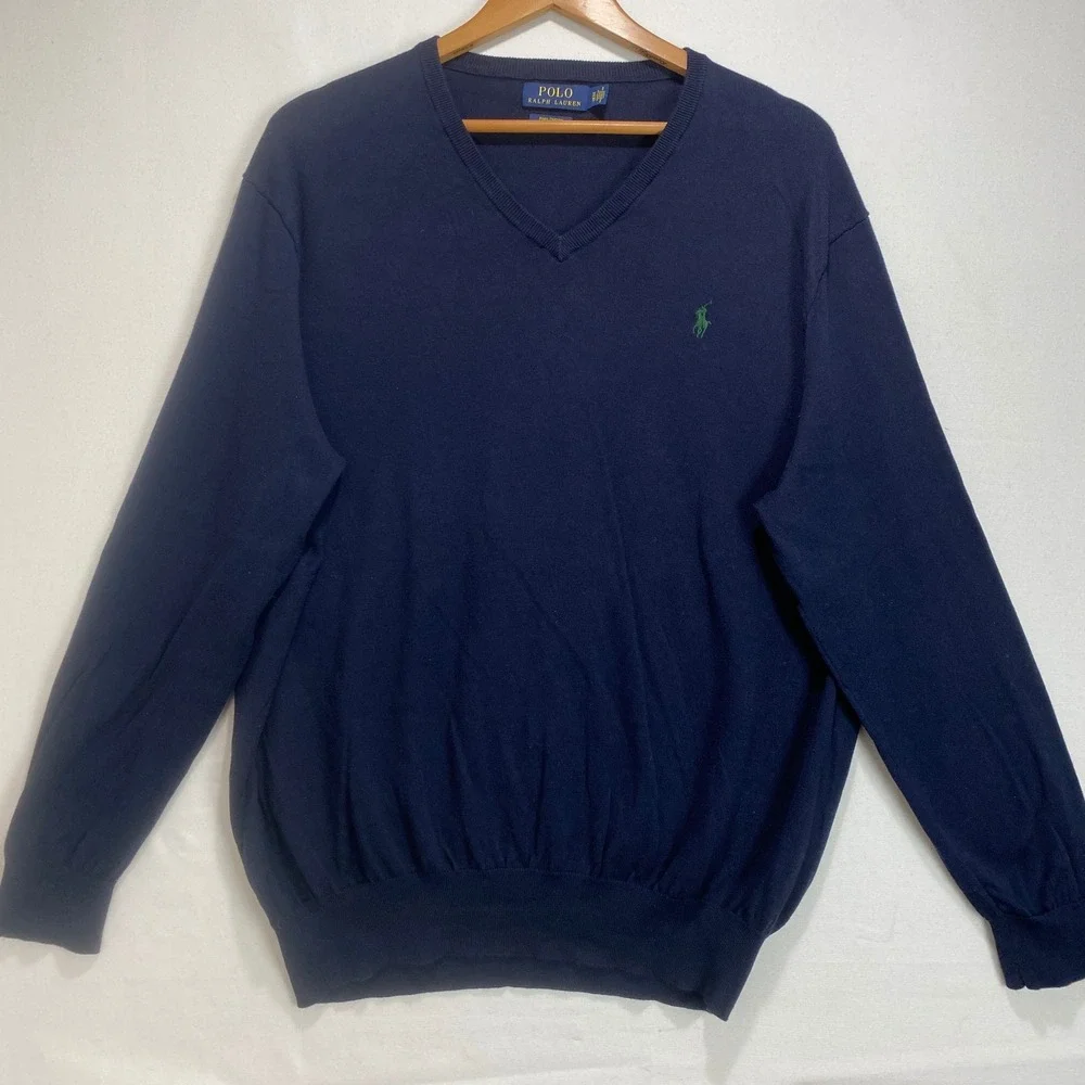 Polo Ralph Lauren Men Navy Blue Pima Cotton‎ V Neck Sweater XL